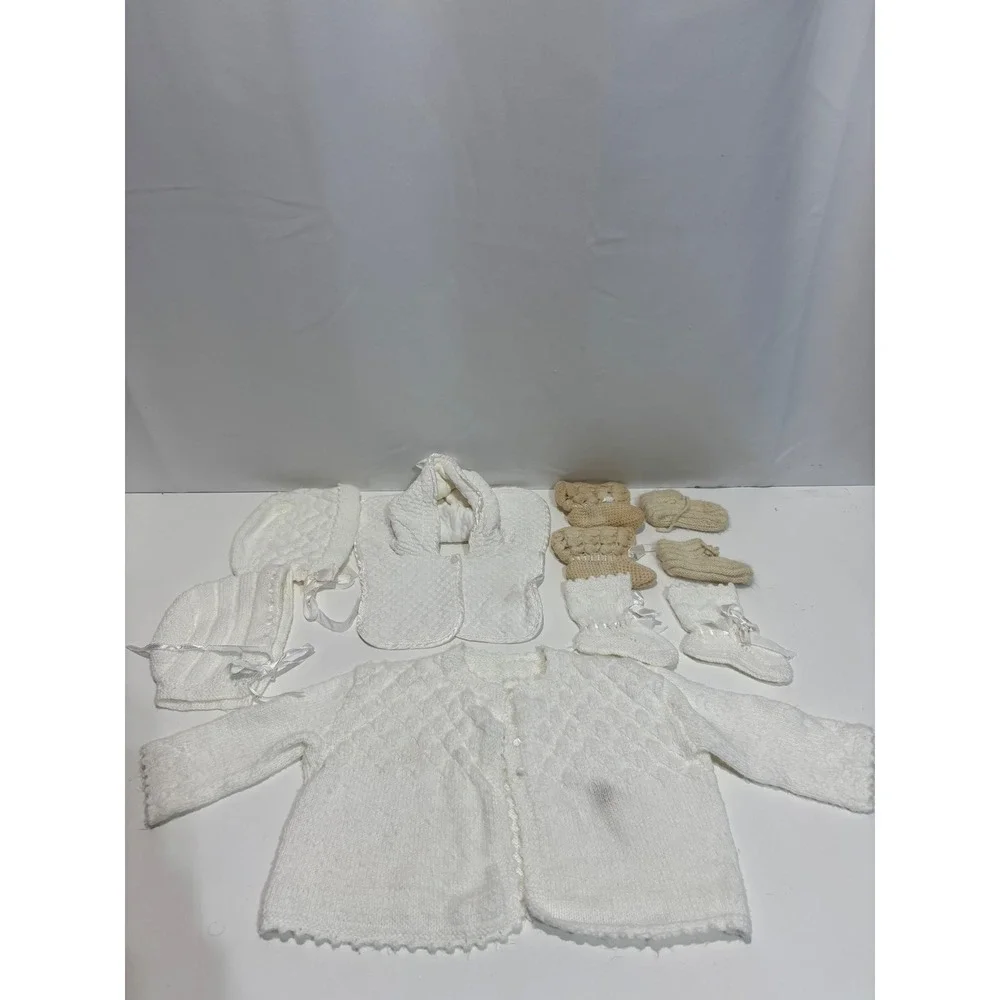 VTG Handmade Knit Baby Set NB White Vintage Style Cardigan Bonnet Booties Bib